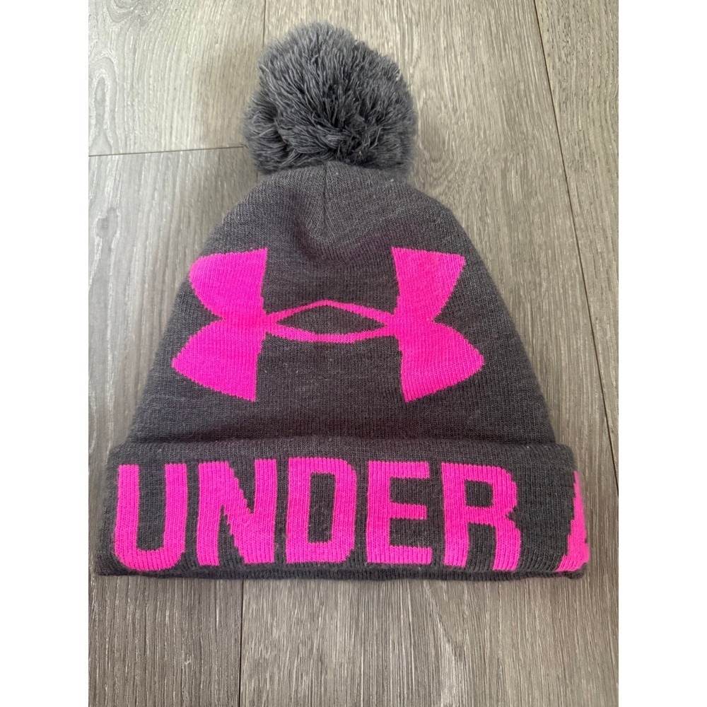 Under Armour Womens Grey Neon Pink Pom Pom Knit Beanie Hat OSFA Logo RN 96510